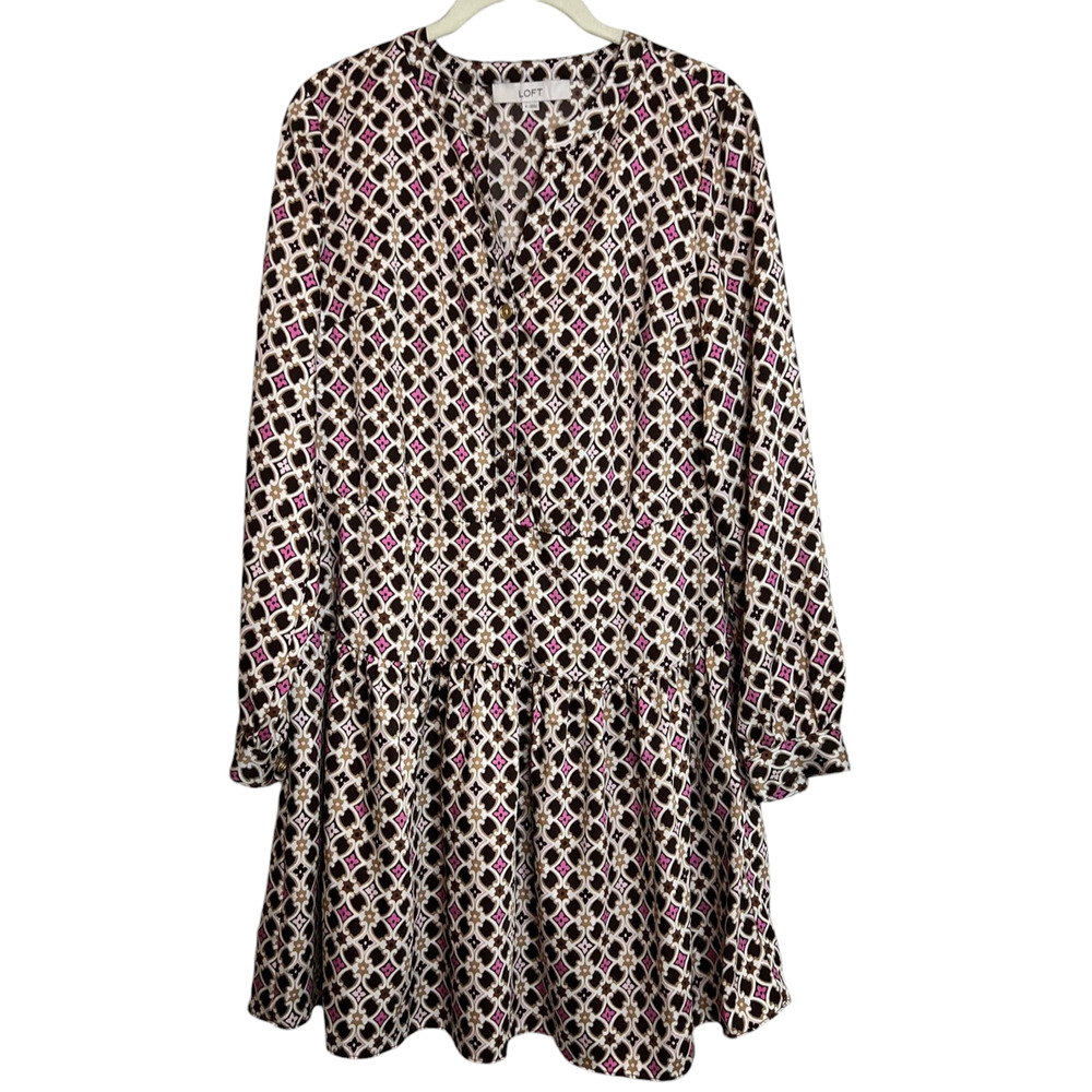 Loft Womens Long Sleeve Flare Dress Size 4 Pink Brown Geometric Cottagecore